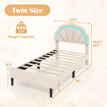 Upholstered LED Bed Frame with Adjustable Flower Headboard and Metal Support Feet-Twin Size - Trundle Bed Frame