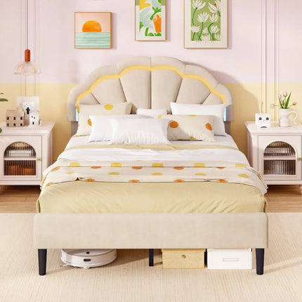 Upholstered LED Bed Frame with Adjustable Flower Headboard and Metal Support Feet-Full Size - Trundle Bed Frame