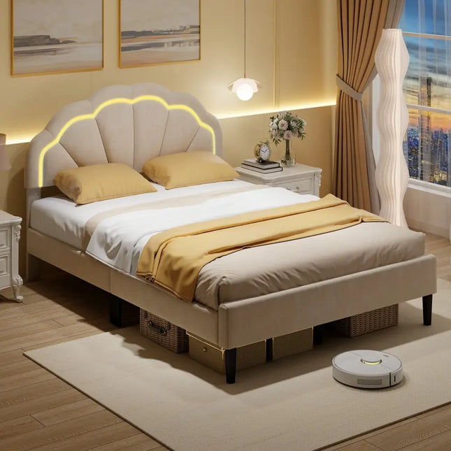 Upholstered LED Bed Frame with Adjustable Flower Headboard and Metal Support Feet-Full Size - Trundle Bed Frame