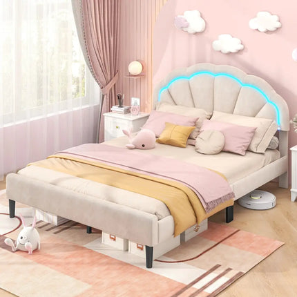 Upholstered LED Bed Frame with Adjustable Flower Headboard and Metal Support Feet-Queen Size - Trundle Bed Frame