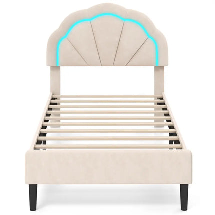 Upholstered LED Bed Frame with Adjustable Flower Headboard and Metal Support Feet-Twin Size - Trundle Bed Frame