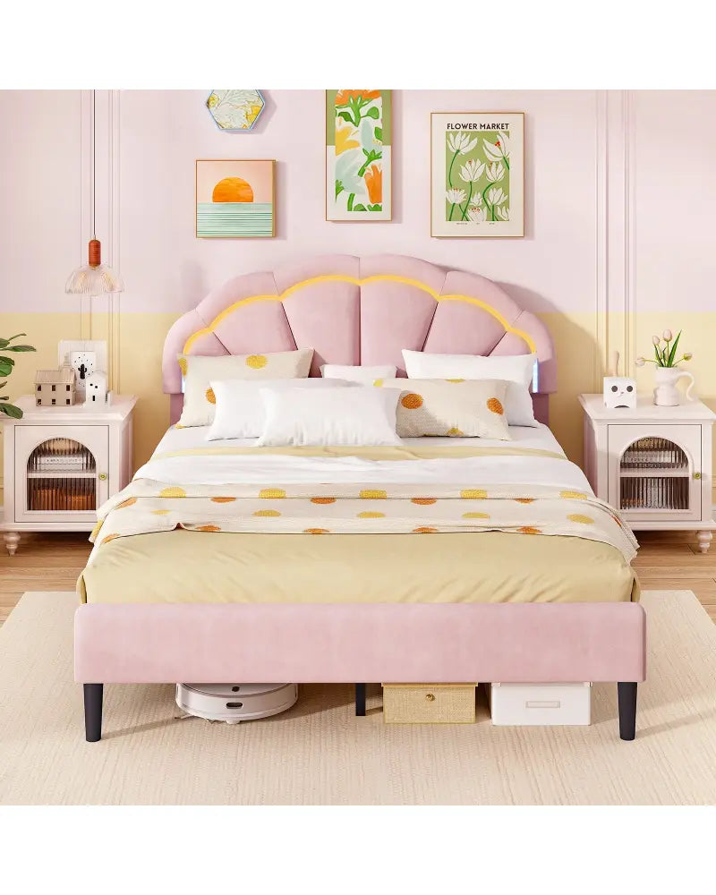 Upholstered LED Bed Frame with Adjustable Flower Headboard and Metal Support Feet Pink-Queen Size - Trundle Bed Frame