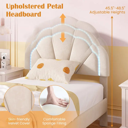 Upholstered LED Bed Frame with Adjustable Flower Headboard and Metal Support Feet-Twin Size - Trundle Bed Frame