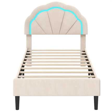 Upholstered LED Bed Frame with Adjustable Flower Headboard and Metal Support Feet-Twin Size - Trundle Bed Frame
