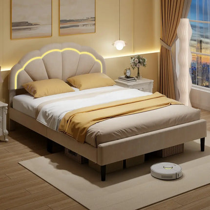 Upholstered LED Bed Frame with Adjustable Flower Headboard and Metal Support Feet-Queen Size - Trundle Bed Frame