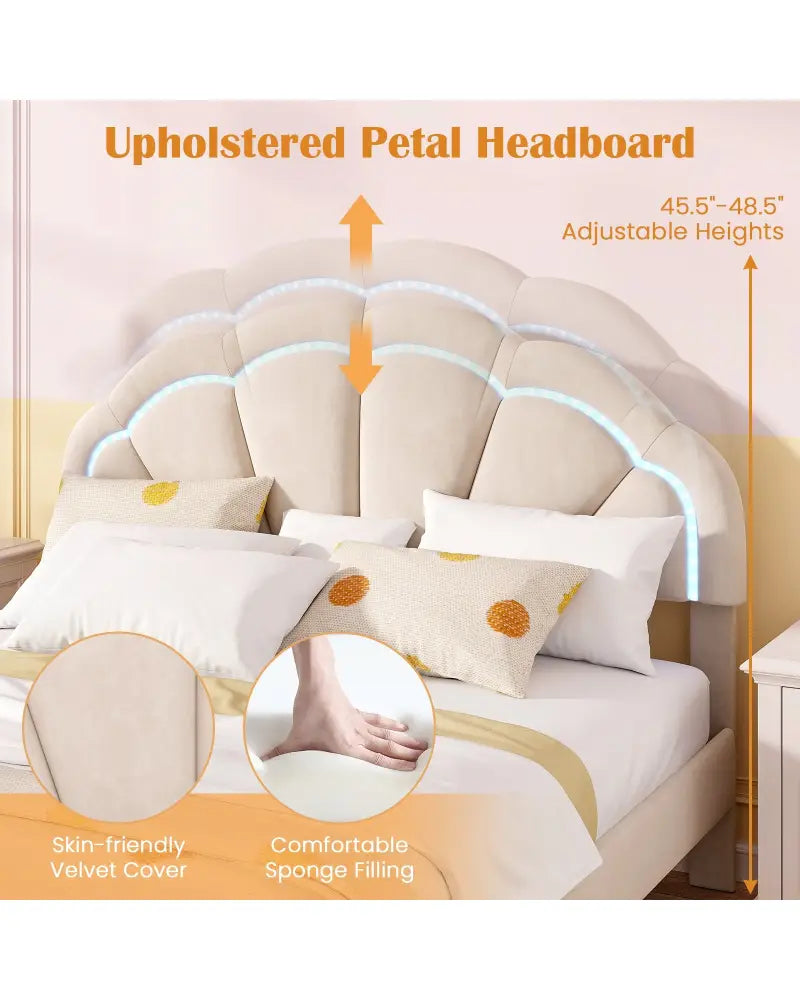Upholstered LED Bed Frame with Adjustable Flower Headboard and Metal Support Feet-Queen Size - Trundle Bed Frame