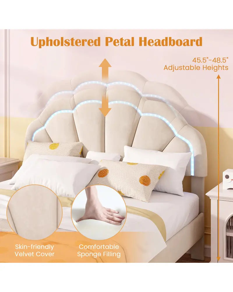 Upholstered LED Bed Frame with Adjustable Flower Headboard and Metal Support Feet-Full Size - Trundle Bed Frame