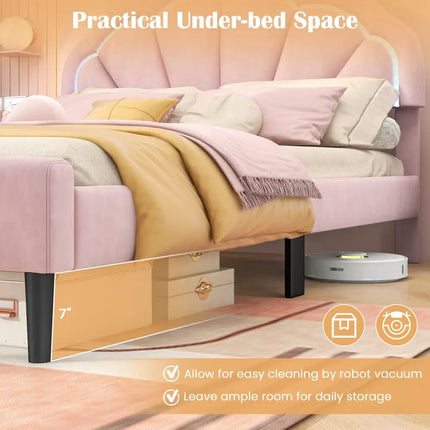 Upholstered LED Bed Frame with Adjustable Flower Headboard and Metal Support Feet Pink-Queen Size - Trundle Bed Frame