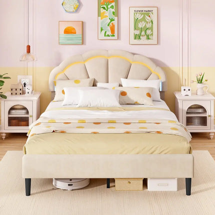 Upholstered LED Bed Frame with Adjustable Flower Headboard and Metal Support Feet-Queen Size - Trundle Bed Frame