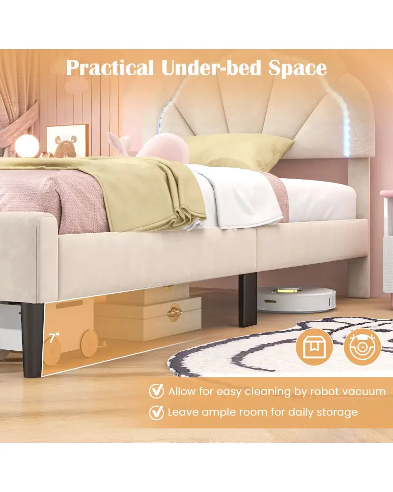 Upholstered LED Bed Frame with Adjustable Flower Headboard and Metal Support Feet-Twin Size - Trundle Bed Frame
