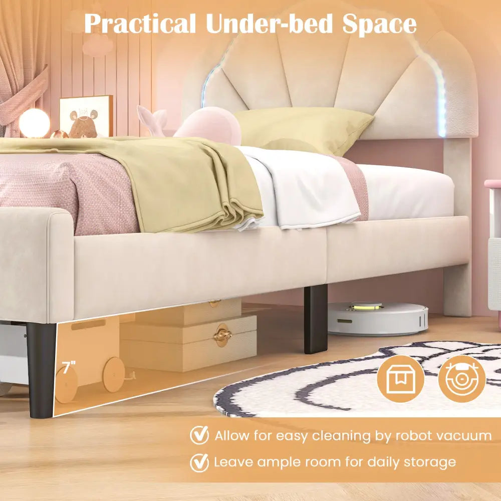 Upholstered LED Bed Frame with Adjustable Flower Headboard and Metal Support Feet-Twin Size - Trundle Bed Frame