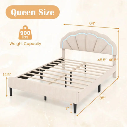 Upholstered LED Bed Frame with Adjustable Flower Headboard and Metal Support Feet-Queen Size - Trundle Bed Frame