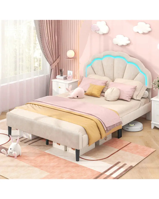 Upholstered LED Bed Frame with Adjustable Flower Headboard and Metal Support Feet-Full Size - Trundle Bed Frame
