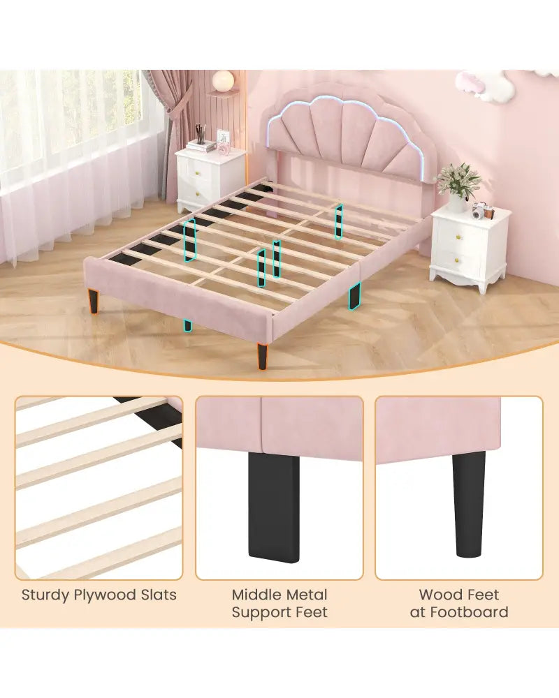 Upholstered LED Bed Frame with Adjustable Flower Headboard and Metal Support Feet Pink-Queen Size - Trundle Bed Frame
