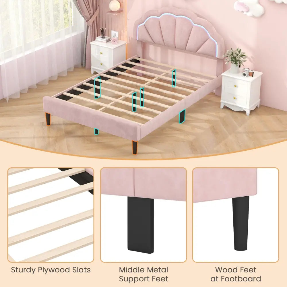 Upholstered LED Bed Frame with Adjustable Flower Headboard and Metal Support Feet Pink-Queen Size - Trundle Bed Frame