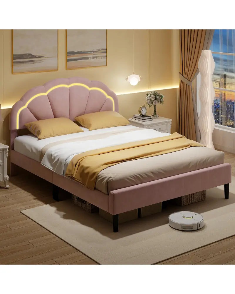 Upholstered LED Bed Frame with Adjustable Flower Headboard and Metal Support Feet Pink-Queen Size - Trundle Bed Frame
