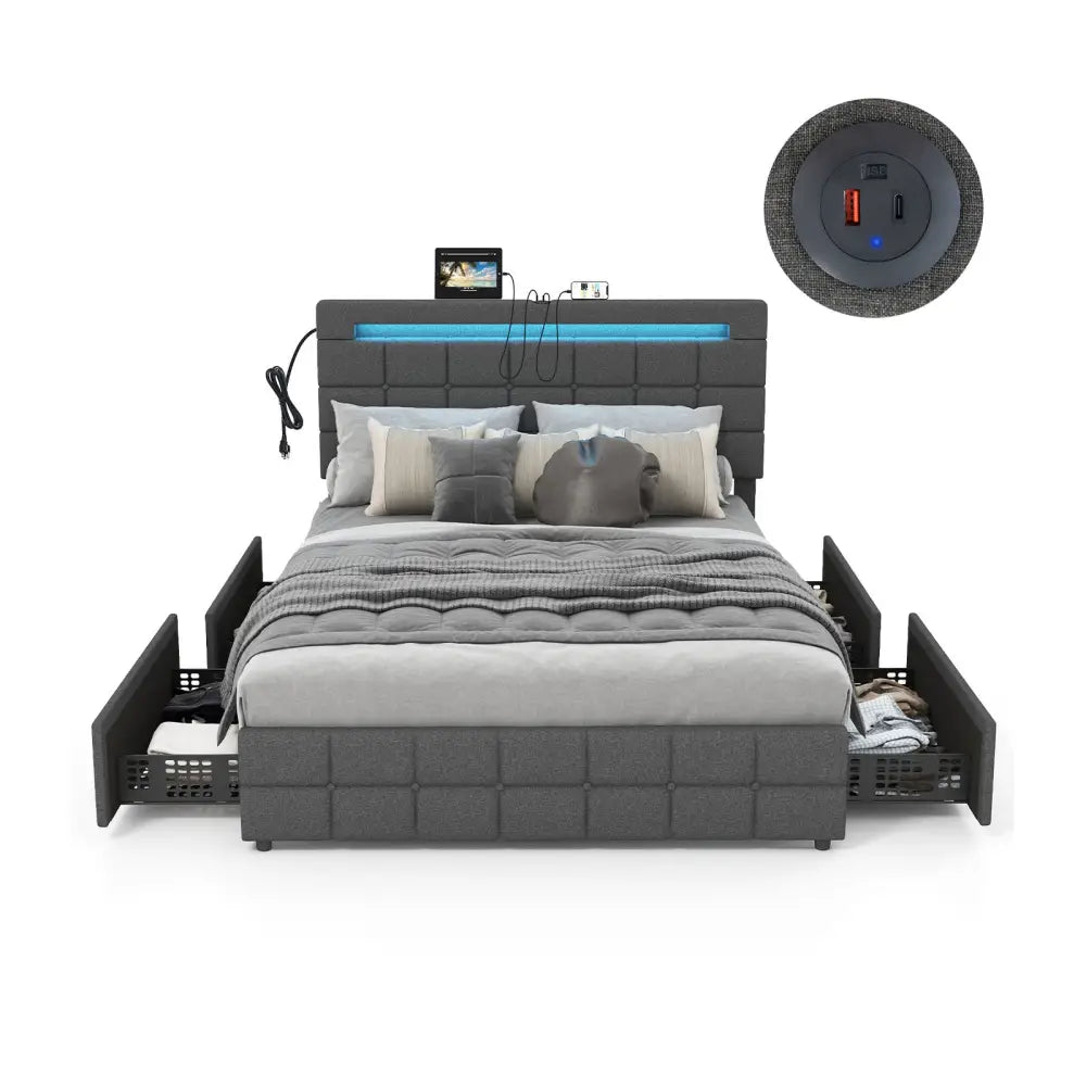 Upholstered LED Bed Frame with Headboard and 4 Drawers-Full Size - Gray - Simple Bed Frame