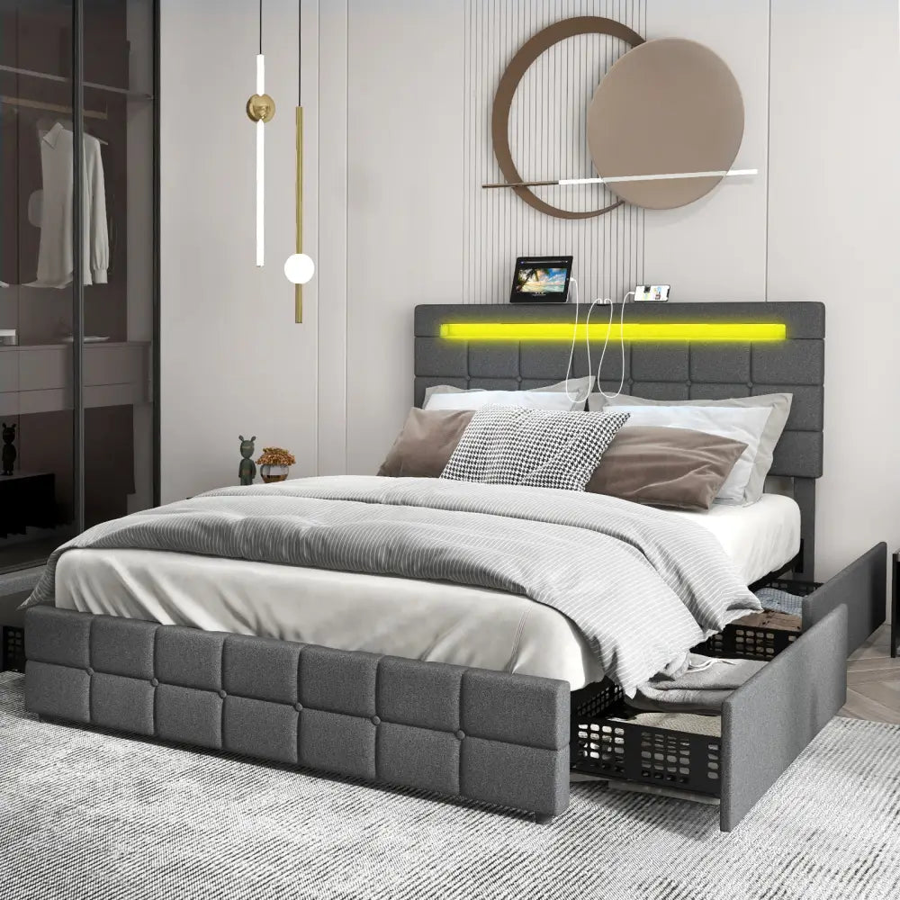 Upholstered LED Bed Frame with Headboard and 4 Drawers-Full Size - Gray - Simple Bed Frame
