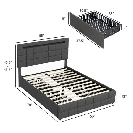 Upholstered LED Bed Frame with Headboard and 4 Drawers-Full Size - Gray - Simple Bed Frame