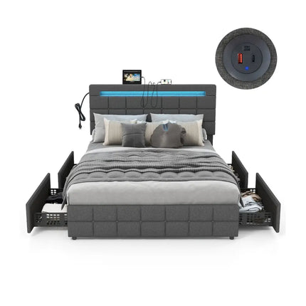 Upholstered LED Bed Frame with Headboard and 4 Drawers-Full Size - Gray - Simple Bed Frame
