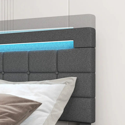 Upholstered LED Bed Frame with Headboard and 4 Drawers-Full Size - Gray - Simple Bed Frame