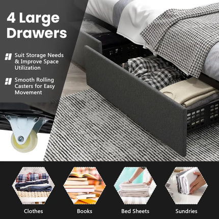 Upholstered LED Bed Frame with Headboard and 4 Drawers-Twin Size - Gray - Simple Bed Frame
