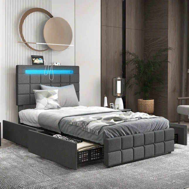 Upholstered LED Bed Frame with Headboard and 4 Drawers-Twin Size - Gray - Simple Bed Frame