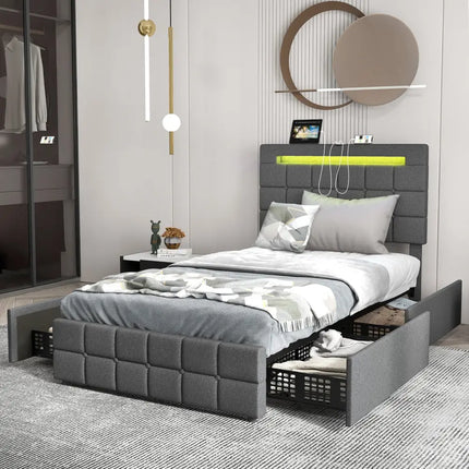 Upholstered LED Bed Frame with Headboard and 4 Drawers-Twin Size - Gray - Simple Bed Frame