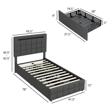 Upholstered LED Bed Frame with Headboard and 4 Drawers-Twin Size - Gray - Simple Bed Frame