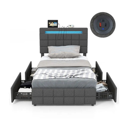 Upholstered LED Bed Frame with Headboard and 4 Drawers-Twin Size - Gray - Simple Bed Frame