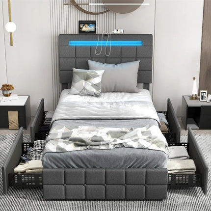 Upholstered LED Bed Frame with Headboard and 4 Drawers-Twin Size - Gray - Simple Bed Frame