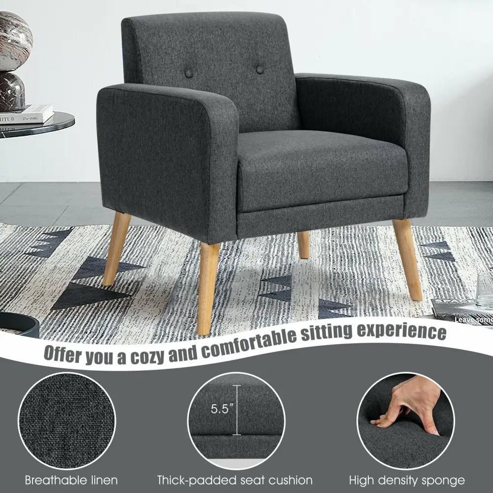 Upholstered Linen Fabric Accent Chair with Stable Rubber Wood Legs-Gray - Gray - Accent Chairs