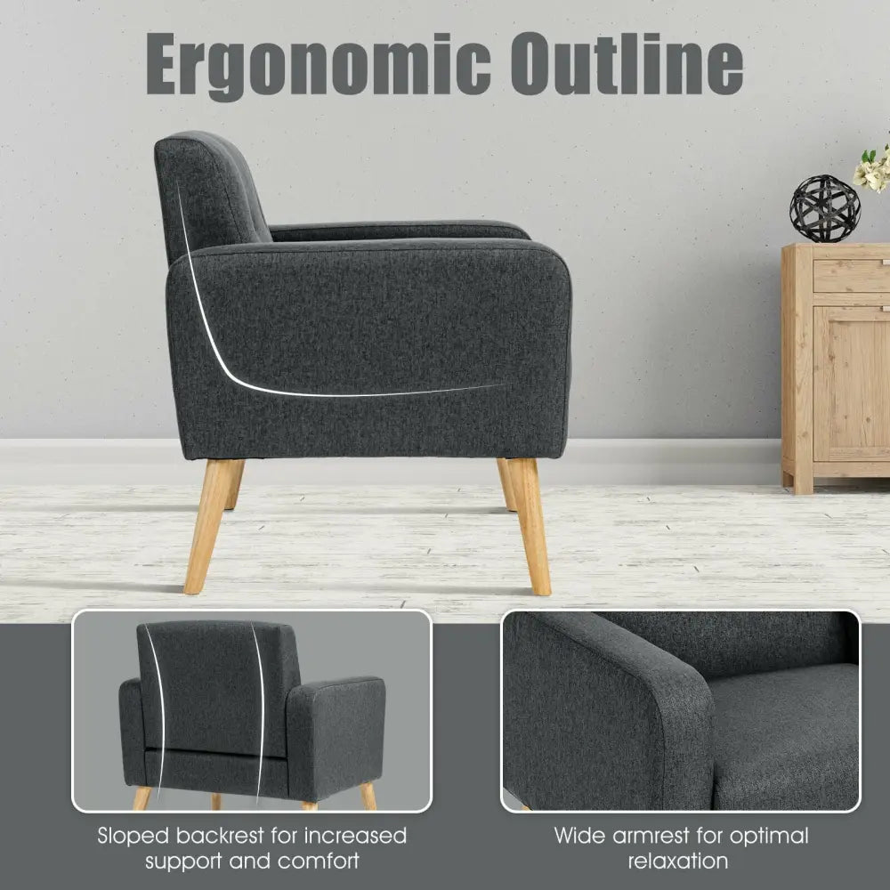 Upholstered Linen Fabric Accent Chair with Stable Rubber Wood Legs-Gray - Gray - Accent Chairs