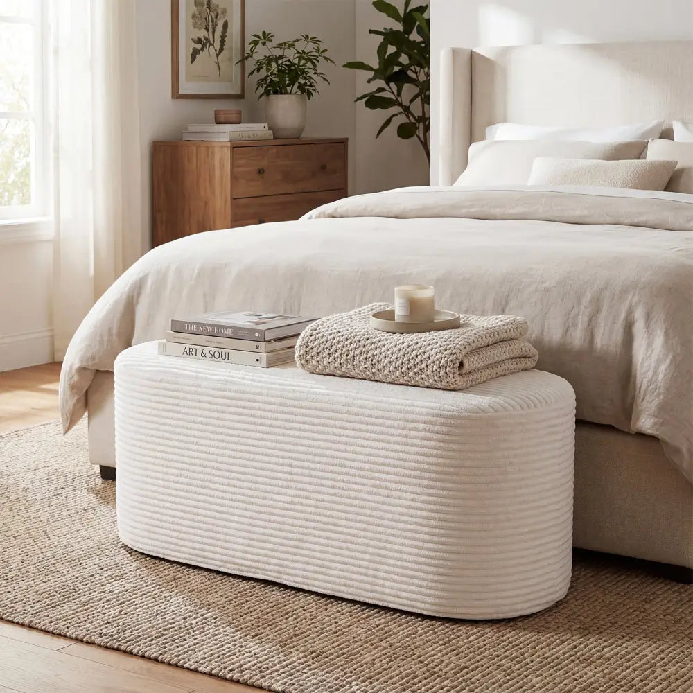 Upholstered Ottoman Bench with High-Density Sponge-Beige - Beige - Ottomans