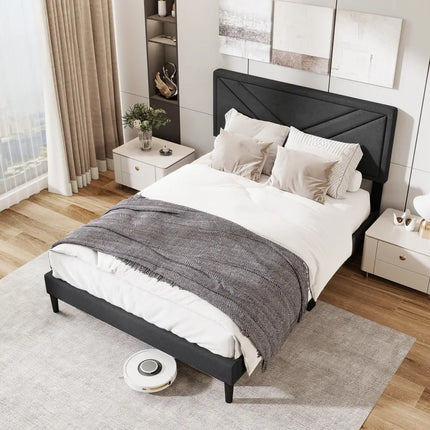 Upholstered Platform Bed with Tufted Headboard and Wooden Slats-Full Size - Gray - Simple Bed Frame