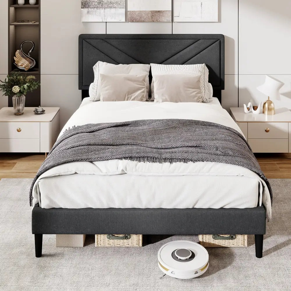 Upholstered Platform Bed with Tufted Headboard and Wooden Slats-Full Size - Gray - Simple Bed Frame