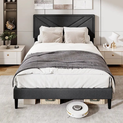 Upholstered Platform Bed with Tufted Headboard and Wooden Slats-Full Size - Gray - Simple Bed Frame