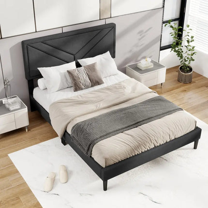 Upholstered Platform Bed with Tufted Headboard and Wooden Slats-Full Size - Gray - Simple Bed Frame