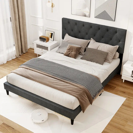 Upholstered Platform Bed with Tufted Headboard and Wooden Slats Gray-Queen Size - Simple Bed Frame