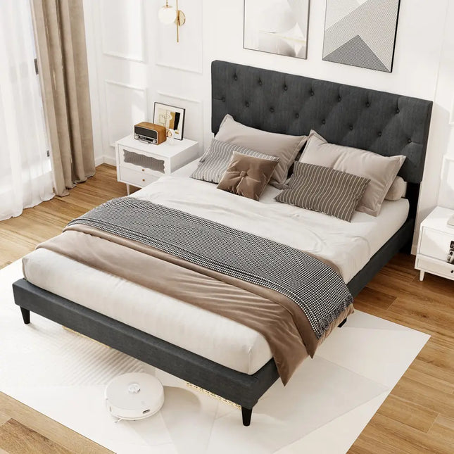 Upholstered Platform Bed with Tufted Headboard and Wooden Slats Gray-Queen Size - Simple Bed Frame