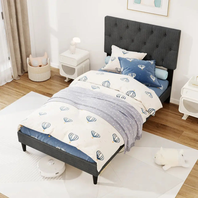 Upholstered Platform Bed with Tufted Headboard and Wooden Slats Gray-Twin Size - Simple Bed Frame