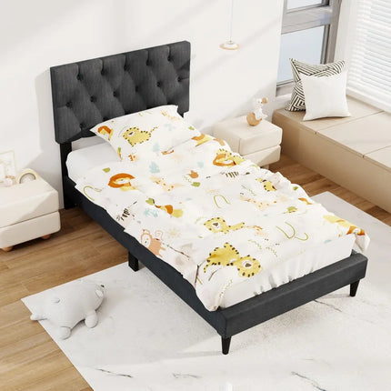 Upholstered Platform Bed with Tufted Headboard and Wooden Slats Gray-Twin Size - Simple Bed Frame