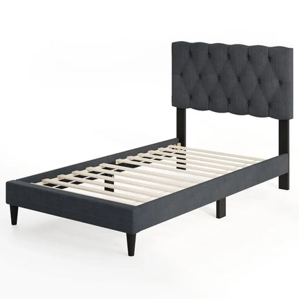 Upholstered Platform Bed with Tufted Headboard and Wooden Slats Gray-Twin Size - Simple Bed Frame