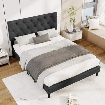 Upholstered Platform Bed with Tufted Headboard and Wooden Slats Gray-Full Size - Simple Bed Frame