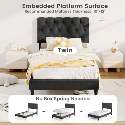 Upholstered Platform Bed with Tufted Headboard and Wooden Slats Gray-Twin Size - Simple Bed Frame