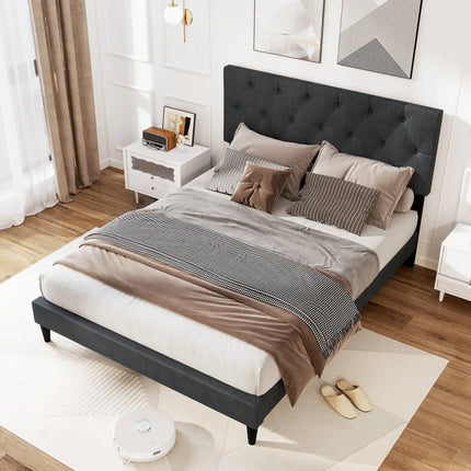 Upholstered Platform Bed with Tufted Headboard and Wooden Slats Gray-Full Size - Simple Bed Frame