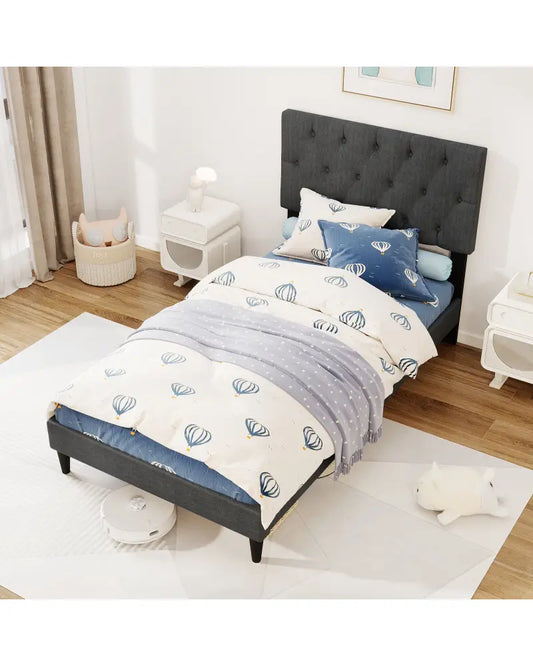 Upholstered Platform Bed with Tufted Headboard and Wooden Slats Gray-Twin Size - Simple Bed Frame