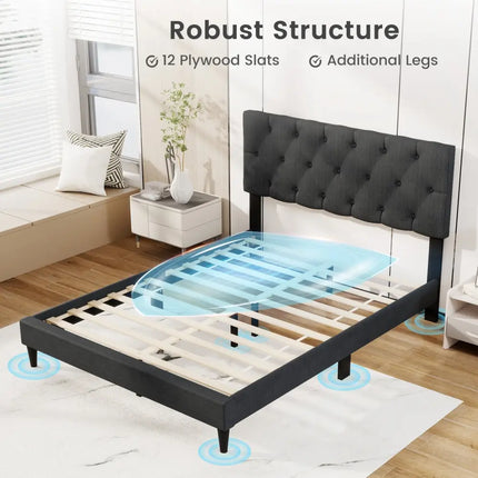 Upholstered Platform Bed with Tufted Headboard and Wooden Slats Gray-Full Size - Simple Bed Frame
