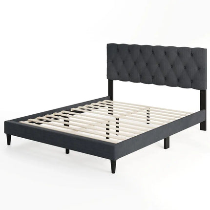 Upholstered Platform Bed with Tufted Headboard and Wooden Slats Gray-Queen Size - Simple Bed Frame