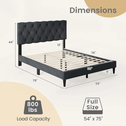 Upholstered Platform Bed with Tufted Headboard and Wooden Slats Gray-Full Size - Simple Bed Frame